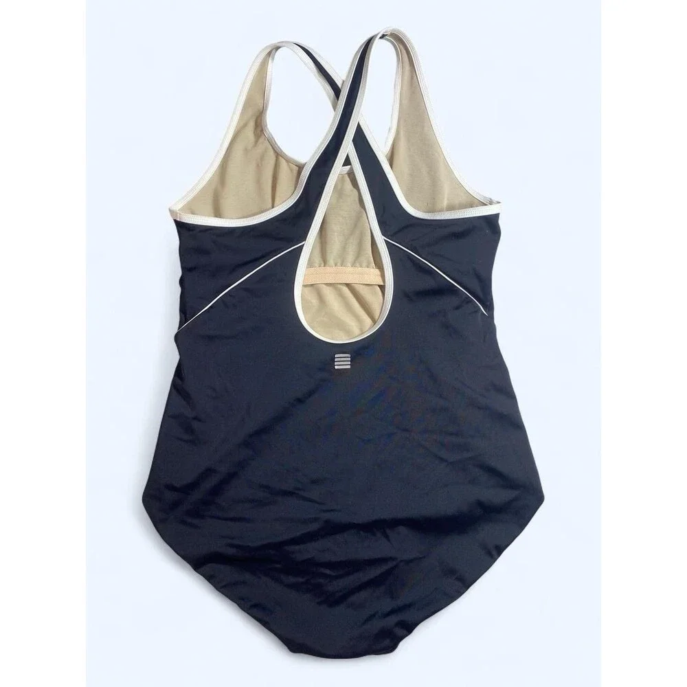 Lands' End Tugless X-Back Swimsuit Black White Piping EUC Size 14 Sporty - Picture 4 of 13